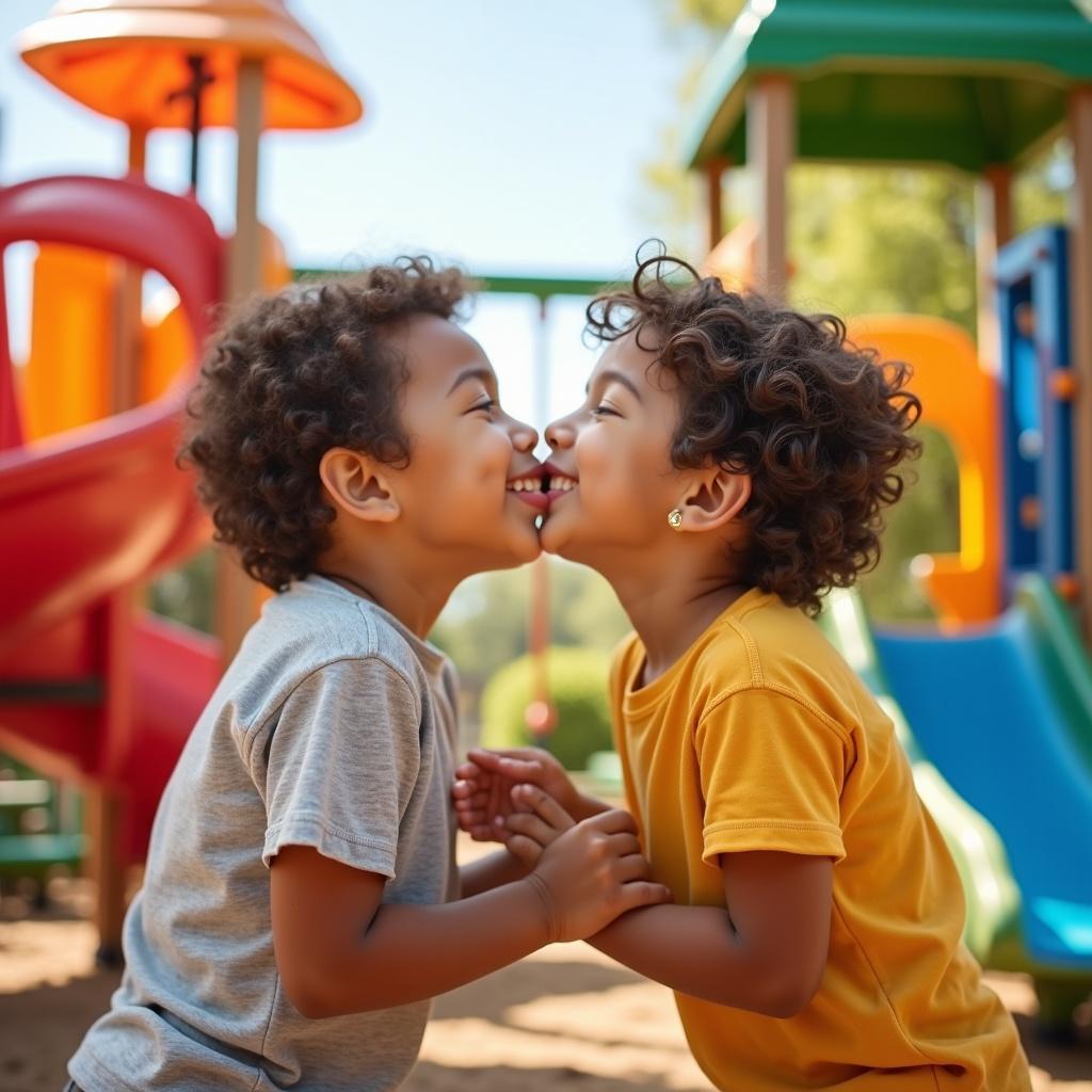 Two little boys kiss playfully. Colorful playground surrounds them. Joyful expressions show innocence. Bright sunlight enhances vibrant colors. Scene represents childhood friendship.