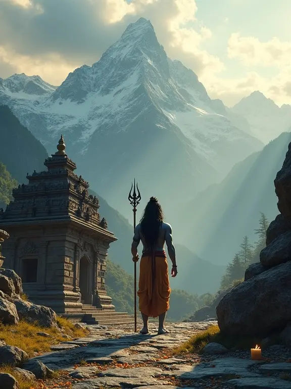 Cinematic scene of an ancient stone temple at the base of mountains. Mountains are mist-covered with snow at the summits. In front stands Lord Shiva holding a trident. He is tall and calm with flowing hair, and the crescent moon is visible. A soft glow enhances the divine atmosphere. The temple is intricately carved with oil lamps and marigold petals. The lighting is dramatic with sunlight breaking through clouds.