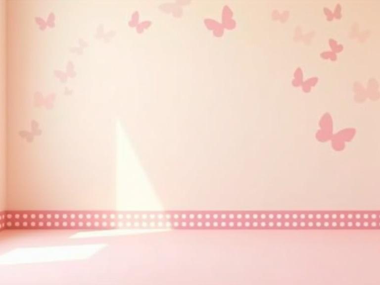 Pastel powder-pink foam floor with a soft cream wall decorated with abstract bow patterns. A red-and-white dotted border near the base and diffuse studio lighting creates a serene atmosphere.