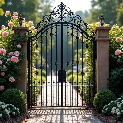 A six-foot tall by twenty-foot wide ornate wrought iron gate features a plaque that says 'Amor'. This gate is surrounded by a beautiful rose garden with pink and white roses.