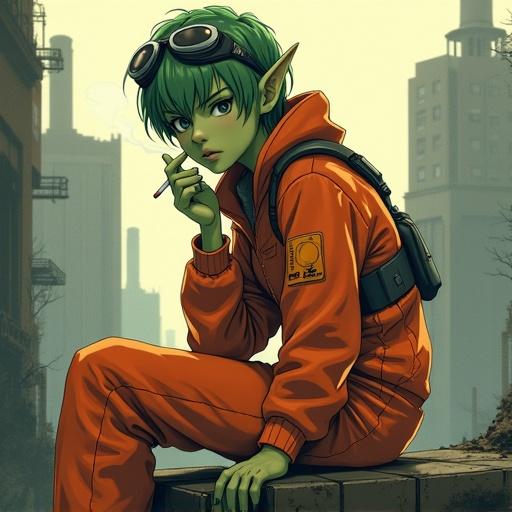 Illustration of an elf woman with green skin and pointed ears. She wears an orange jumpsuit and aviator goggles. She sits on a ledge in a dilapidated urban environment, smoking a cigarette. Background features muted gray and brown tones. The mood is introspective with realistic lighting.