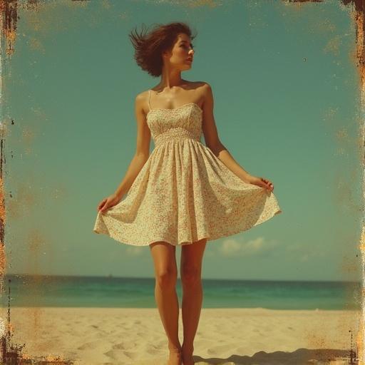 Scratched vintage photo of a hyper-realistic barefoot woman. She wears a short dress and has her dress pulled up. The colors follow a Wes Anderson palette.