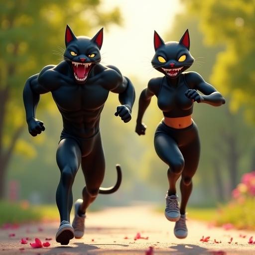 A 3D render of muscular black cat characters running in a park. Male and female cats are in athletic gear. They have wide grins and malevolent glee. The scene is vibrant with green trees and blooming flowers.