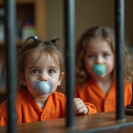 A girl acts as a judge. Her mother plays the defendant. Mother wears an orange jumpsuit and sits in a cage. Heavy emotions are present. Both use large pacifiers. The setting is cozy and childlike.