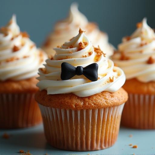 Cupcakes topped with swirls of creamy frosting. Each cupcake adorned with a cute black bow tie decoration. Ideal for Father's Day celebrations. Appealing presentation on a light blue background. Perfect for a sweet gift or dessert option.