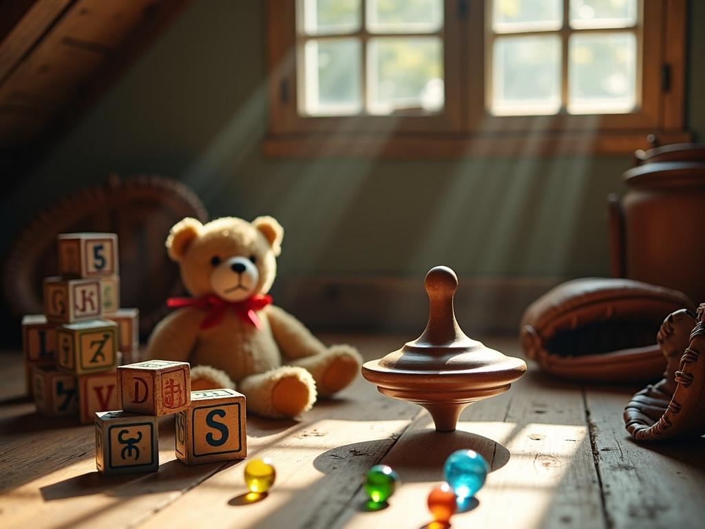 In a cozy attic filled with soft diffused sunlight, there lies an antique wooden spinning top, whirling gently on the wooden floor. Surrounding it are nostalgic old toys, including a classic teddy bear with a friendly smile and a worn baseball glove waiting to be played with. Vintage wooden alphabet blocks are stacked nearby, each bearing a different letter, inviting youthful imagination. Colorful glass marbles scatter across the floor, capturing the light and adding a playful sparkle to the scene. The atmosphere is warm and inviting, evoking memories of simpler times spent in playful wonder.