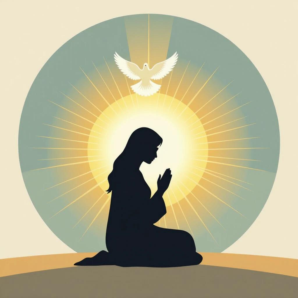 Stylized image featuring a silhouette of a kneeling person in prayer. Background exhibits soft glowing light in warm tones. A white dove flies above, depicting the Holy Spirit. Minimalist and modern design. Ideal for profiles on prayer and faith-based themes.