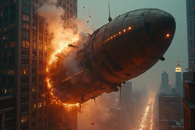 Ultra-realistic nighttime scene with a massive rusted spacecraft crashing into a skyscraper in New York City. The spacecraft features exposed wiring and glowing thrusters. The building is being torn apart as flames and smoke erupt from shattered windows. Debris falls into the streets below with a chaotic atmosphere. Captured from a diagonal rooftop perspective.