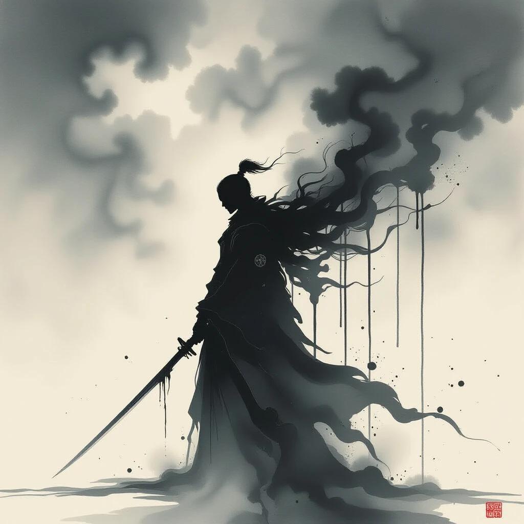A warrior shrouded in shadows dissolves into black ink. They stand beneath a stormy sky. Ink trails cascade from their cloak resembling bleeding shadows. The composition features bold sumi-e brushstrokes and chaotic splatter textures. The background contrasts pale parchment against dark ink. The scene conveys abstract elegance in a surreal landscape.