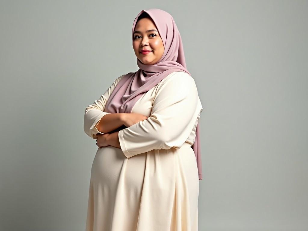 A plus-size Indonesian woman is standing confidently in a studio, dressed in a cream-colored abaya. She has a round face and showcases a natural makeup look. Her hair is covered with a light pink hijab that complements her outfit. The background is neutral, which highlights her presence in the foreground. The lighting is soft, creating a gentle atmosphere and emphasizing her features. The woman is looking directly at the camera, exuding confidence and warmth. She holds her arms crossed gently in front of her, showcasing her baby bump with pride.