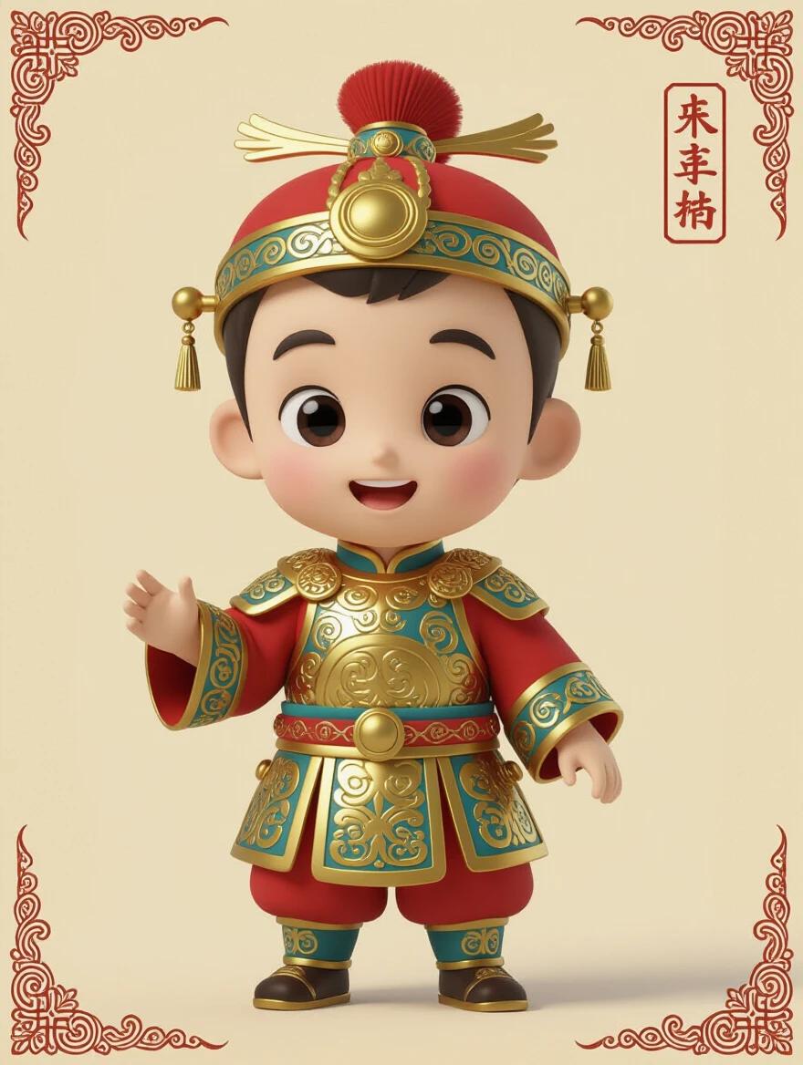 Create a top-notch 3D cartoon modeling of a 0-year-old male infant in ancient setting. Character features soft, delicate golden fuzzy short hair; a round, full monkey-like face; big, bright clear eyes; and a petite, delicate nose. The character should be depicted in a full-body frontal view, in a 3D cartoon style, with a 1:1 ratio.