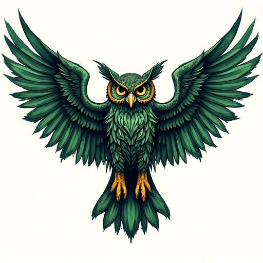 Create a vector illustration of a warrior owl. Style of Mesoamerican revival combined with Splash Ink Painting. Jade and gold color theme. Solid white background. Square ratio.