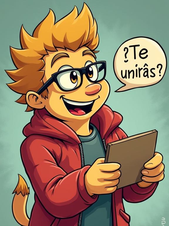 Charming animated character with spiky blond hair holding a sign. Sign asks if viewers will join. Character smiles widely. Background is neon with arrows pointing to subscription and like buttons.