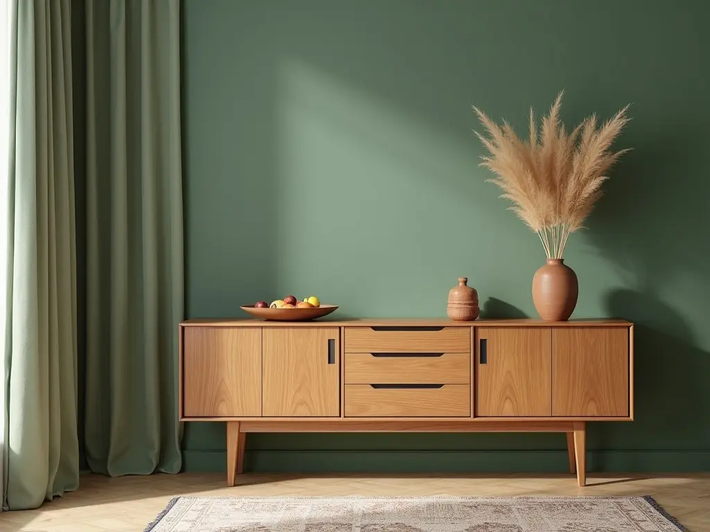 This image showcases a stylish interior design featuring a wooden sideboard against a muted green wall. The sideboard has a natural wood finish with clean lines and simple legs, giving it a modern vintage appeal. On top of the sideboard, there are decorative elements, including a bowl of small fruits and a rustic vase filled with dried pampas grass. To the left, long, soft green curtains drape elegantly, adding texture and warmth to the room. The floor is adorned with a patterned area rug, which complements the earthy tones of the furniture and overall decor.