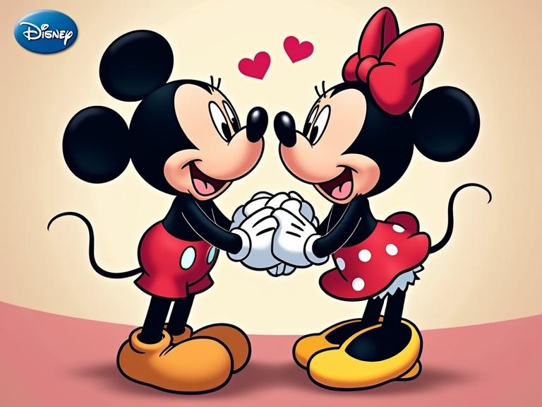 This vibrant Disney cartoon features Mickey Mouse and Minnie Mouse in a love edition. Mickey and Minnie are face to face, holding hands. Hearts are floating above them. Cartoon style with bright colors.
