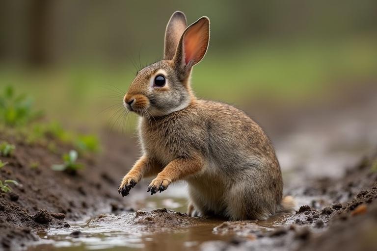 A determined rabbit stands in a muddy path with water. The rabbit appears lively and ready to hop again.