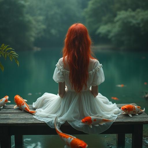 A hyper-realistic image of a woman with very curly red hair wearing a white dress sitting on a wooden table. She gazes at koi fish floating around her. The scene is surrounded by mist and has low lighting.