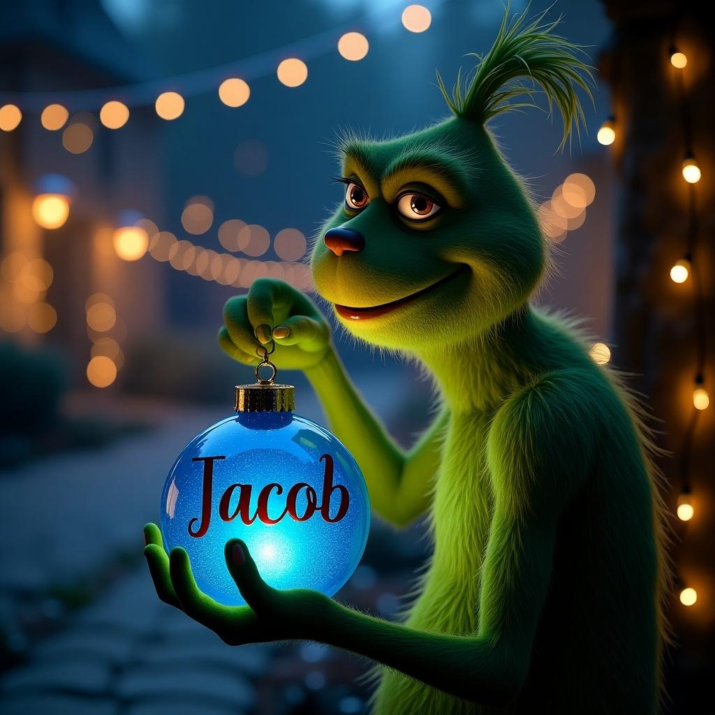 A serene night garden with the Grinch holding a blue Christmas bauble. The bauble has the name Jacob in elegant script. It glows, casting light in the dark. Twinkling Christmas lights create a magical ambiance. Ideal for Christmas-themed content.