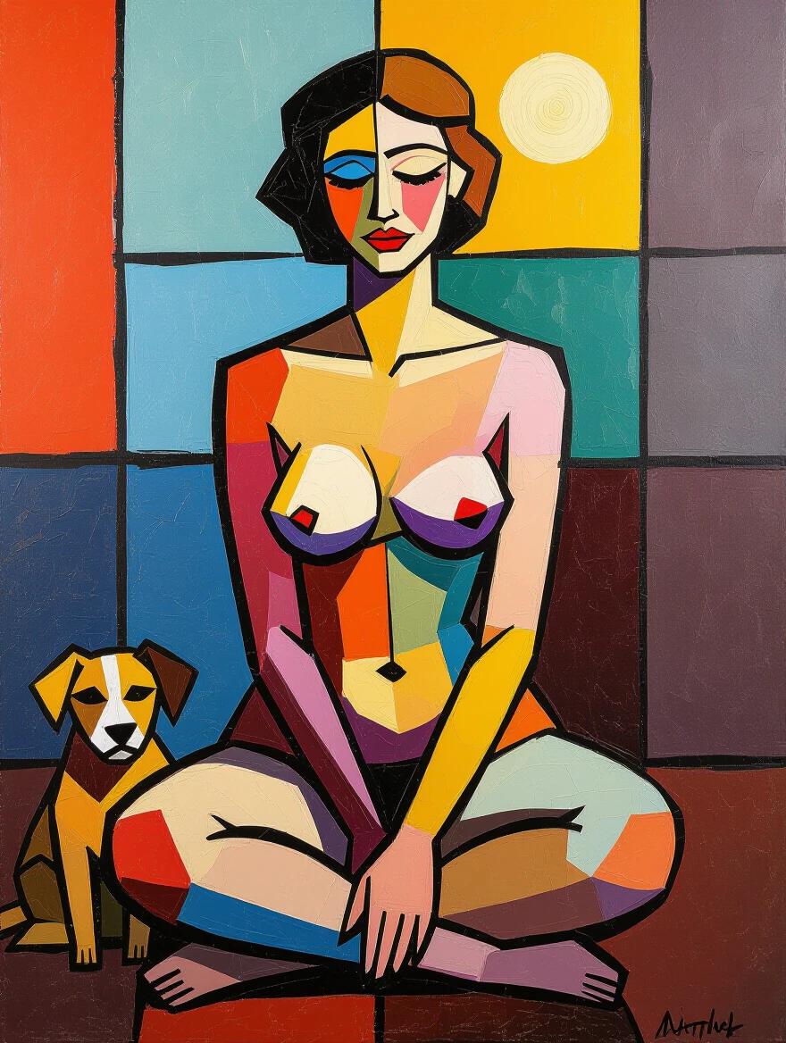 A colorful and textured painting of a nude woman posing in a sitting position with a dog. The artwork features thick brushstrokes and a vibrant color palette, reminiscent of Matisse. The background consists of geometric shapes and colors, creating a visually striking composition.