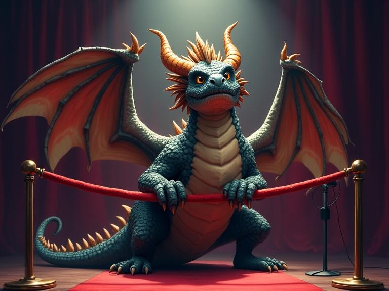 A powerful dragon gripping a red velvet rope barrier stands guard. The dragon's posture is firm yet not menacing. Its eyes scan the crowd with amusement and authority. Behind the dragon, an unused lectern and microphone are subtly spotlighted. The scene blends fantasy and formality. The color palette has rich maroons, deep navy blues, and soft pale yellows. The lighting is moody and theatrical.