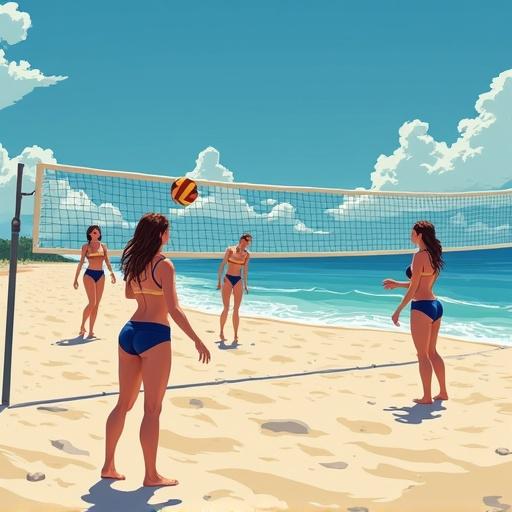 Beach volleyball game with four female players on the sand. Bright sunny day with a clear blue sky. Players actively engaging in the game. Vibrant colors and lively atmosphere.
