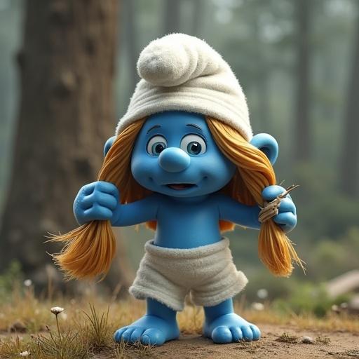 Smurfette character in a forest. She is blue, has long blond hair, and is lifting objects with telekinesis. Setting is natural with trees in the background.