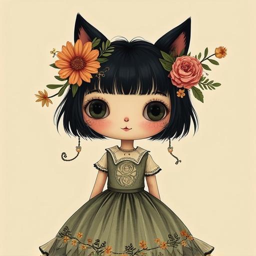 A whimsical character is depicted. The character has cat ears and wears a dress with floral designs. The character's hair is styled in a bob cut with flowers on top. The background is simple and soft to emphasize the character.