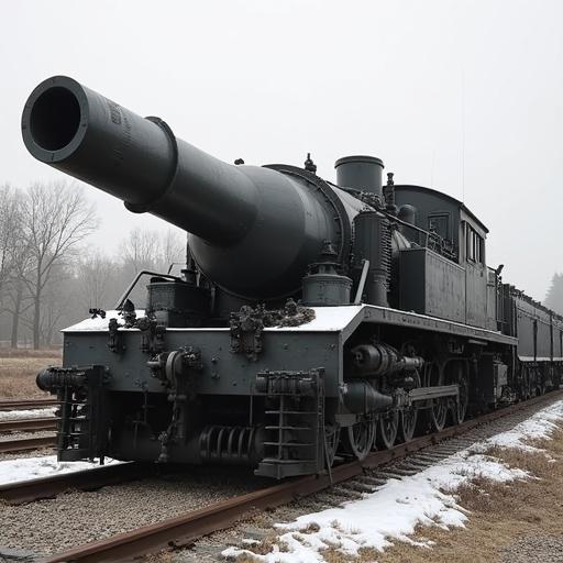 Heavy Gustav railway cannon on display. Detailed view showcasing structure and design. Winter scene with snow covering the ground. Creates a sense of historical significance and engineering marvel.
