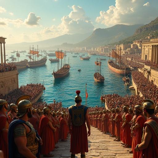 Hyperrealistic photograph depicting an Athenian expedition to Sicily. Fleet of triremes with painted eyes. Hoplites in bronze armor boarding ships. General Alcibiades in ornate armor. Sacred offerings to Poseidon. Crowds at Piraeus harbor. Supply ships loaded with grain and weapons. Dolphins following the fleet. Mount Vesuvius visible across the sea. Athenian pottery amphoras and olive wreaths for good fortune.