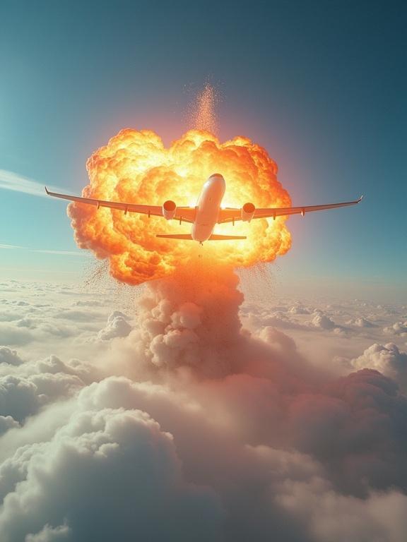 A passenger airplane mid-air explosion. High above the clouds. Bright blue sky. Fiery explosion with smoke and debris. Dramatic moment captured in time.