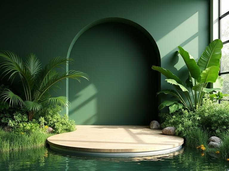 Create a serene indoor scene with a modern minimalist aesthetic. Background features a smooth dark green wall with a large arched cutout. In front, place tropical garden with ferns palms and broad-leafed foliage growing on grassy base with small yellow wildflowers. Center a circular wooden platform with light wood top and white base slightly elevated. Lighting should be soft and natural with sunlight streaming in from the right casting gentle shadows of plants on the wall. Platform located at edge of tranquil lake.