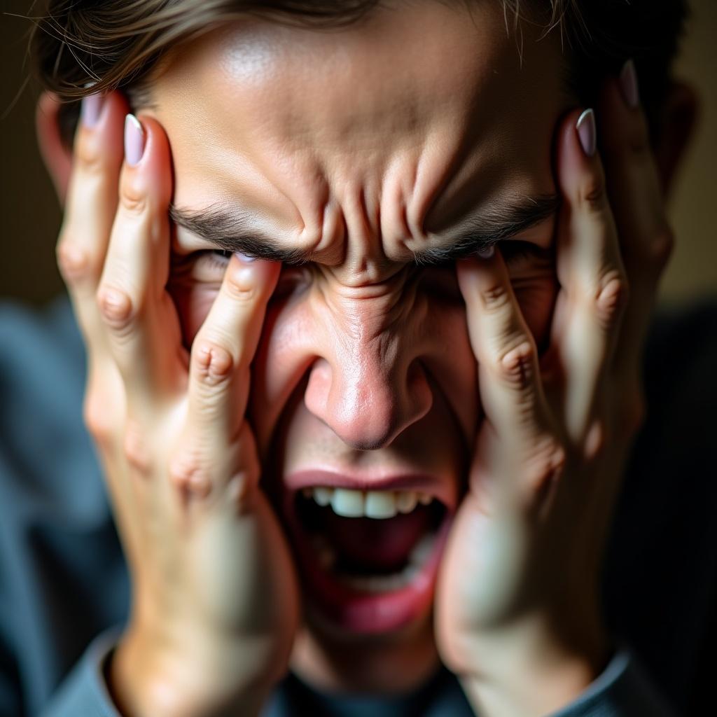 Intense close-up of a person showing extreme frustration or anger. Hands gripping face tightly. Sharp details of stress lines on the face. Blurred background keeping focus on the subject.