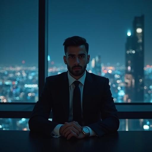 A young Muslim businessman sits alone at a large modern desk. City lights glow outside the glass windows. The businessman is dressed in a suit with a luxury watch on his wrist. Emotions of deep sadness and emptiness are reflected in his expression. The scene is lit dramatically with dark shadows and blue tones.