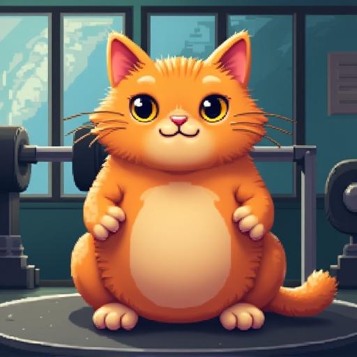 Cute fat orange cat sits in a gym. The scene is done in pixel art style. Cat looks cheerful and friendly. Gym equipment is visible in the background. Atmosphere is bright and colorful.