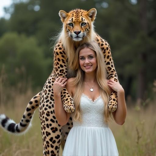A beautiful young woman with blue eyes and blonde hair in a cheetah costume with ears and a tail. She is playfully interacting with another woman in a flowing white dress in a natural outdoor setting.
