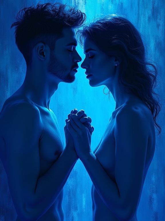 Surreal impressionist art featuring a naked couple touching each other. Close-up view emphasizes intimacy. Vibrant blue textures create a soft glowing ambiance. The composition showcases deep shadows and sharp details, enhancing the dreamlike quality. Art inspired by Yves Klein's color philosophy. Maximalist approach in high resolution.