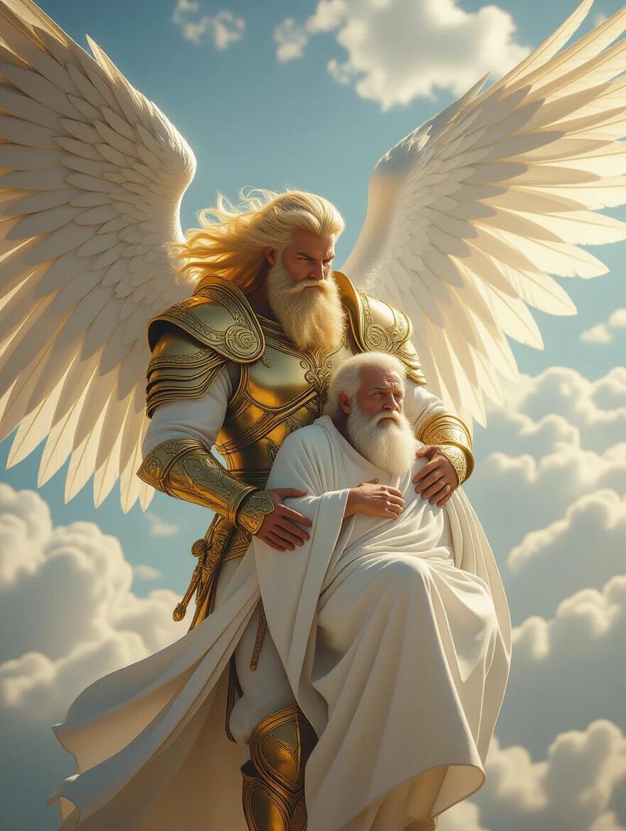 Cinematic shot of a powerful angel with a blonde beard and golden armor. Angel carries a frail old man in a white robe. Enormous feathered white wings. Flying through a beautiful sky filled with clouds and divine light. Hyper-realistic and emotional.