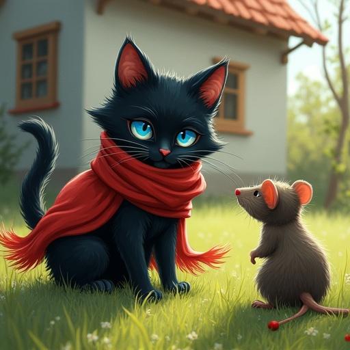 A fairy tale illustration. A black cat with blue eyes trapped in a red scarf. The cat appears to be pretending to die. A large rat is staring at the cat from behind. The setting includes an old house and a green lawn.