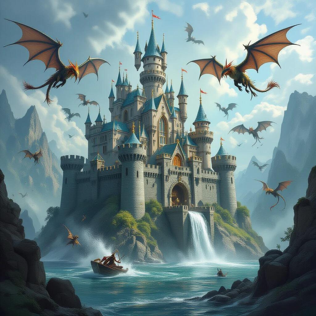 A floating castle perched on rocky cliffs. Castle towers are adorned with banners. Large majestic wings of flying dragons are spread wide as they circle around the castle. A small boat navigating through the turquoise waters nearby. A vibrant waterfall cascading down rocks beside the castle.