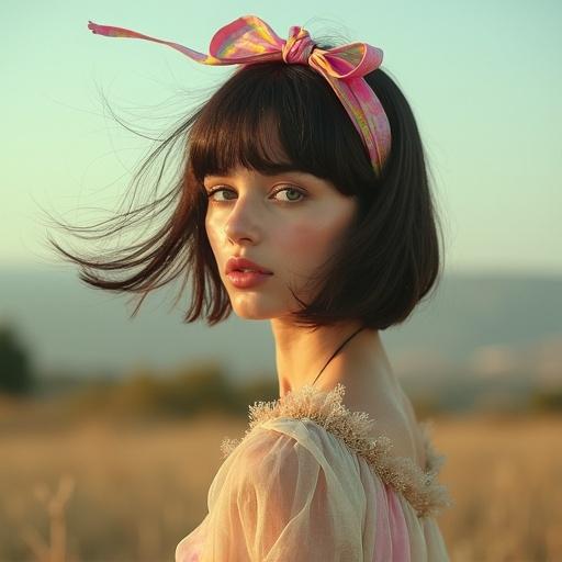 Russian supermodel with vintage hair and shy look. Dressed in a flowing retro cold-toned dress. Photographed in natural light. Surrounded by a softly focused bokeh background. Wind animating the hair and dress. From a low perspective in a dancing pose. 1960s fashion elements visible.