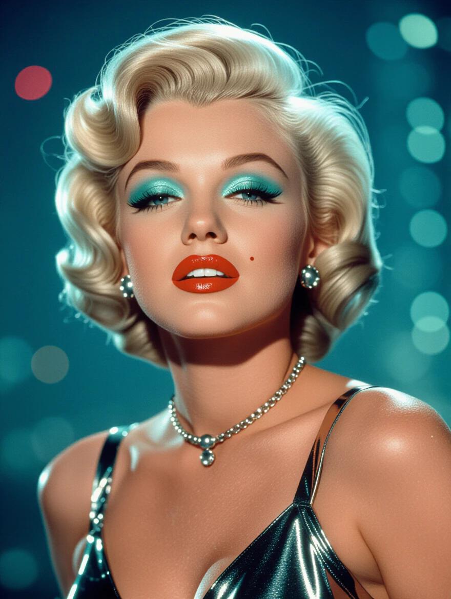 Photo of a glamorous individual inspired by Marilyn Monroe. Retro cyberpunk style with a shiny dress and sparkling jewelry. Styled hair in glamorous curls. Soft lighting and colorful bokeh in the background.