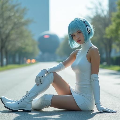 Detailed image of a pretty young woman from outer space. She wears a white futuristic sleeveless micro skirt dress with arm covers. Her hair is light blue in a bob style. She has a futuristic headset and is sitting on the ground. A spaceship can be seen in the background in a park setting in suburban Tokyo.