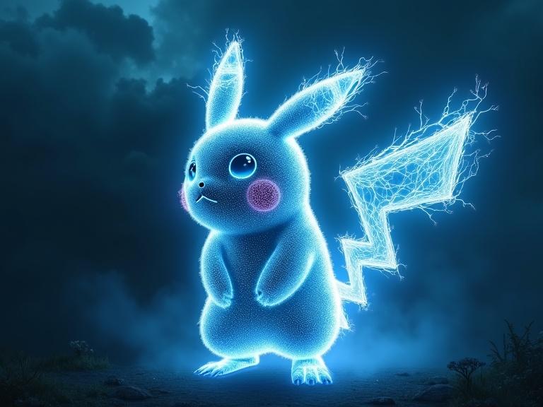 Epic full-body representation of Pikachu created from flowing light. Light colors in blue and white. Dark background with thunderstorms. Pikachu appears to be in motion, body made of swirling lines. Deep depth of field. Dark art style with macabre elements.