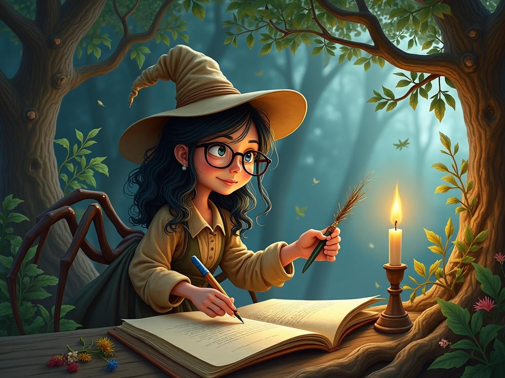 Librarian spider with glasses and a paper hat. Eight legs holding writing tools. Library in an ancient tree. Spiral staircases and glowing pages. Inkwells made from flowers.