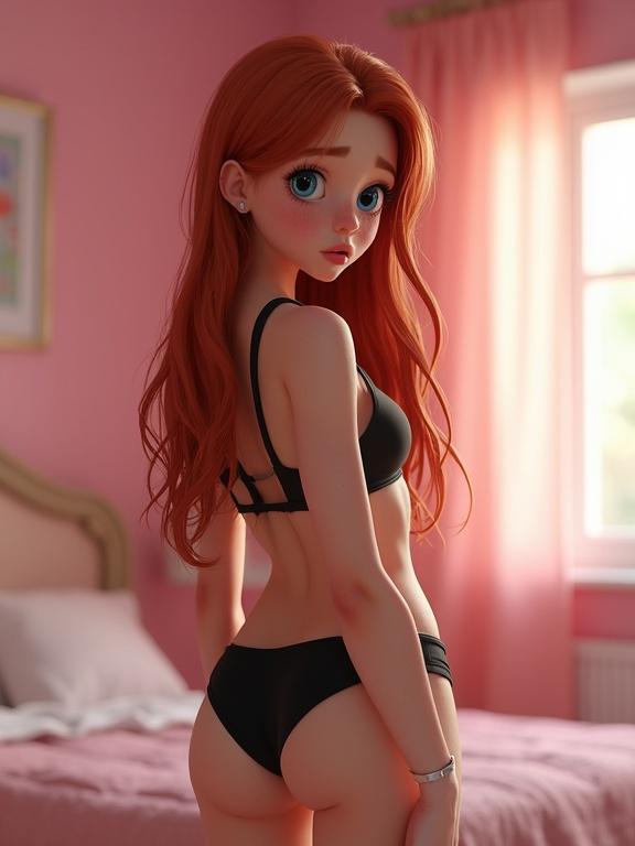 Detailed image of a tween girl in a black bikini, looking over her shoulder in a pink bedroom. The girl has long auburn hair, pale skin, and freckles. She has a shocked expression. Depth of field is used to create focus on the girl with a soft background.