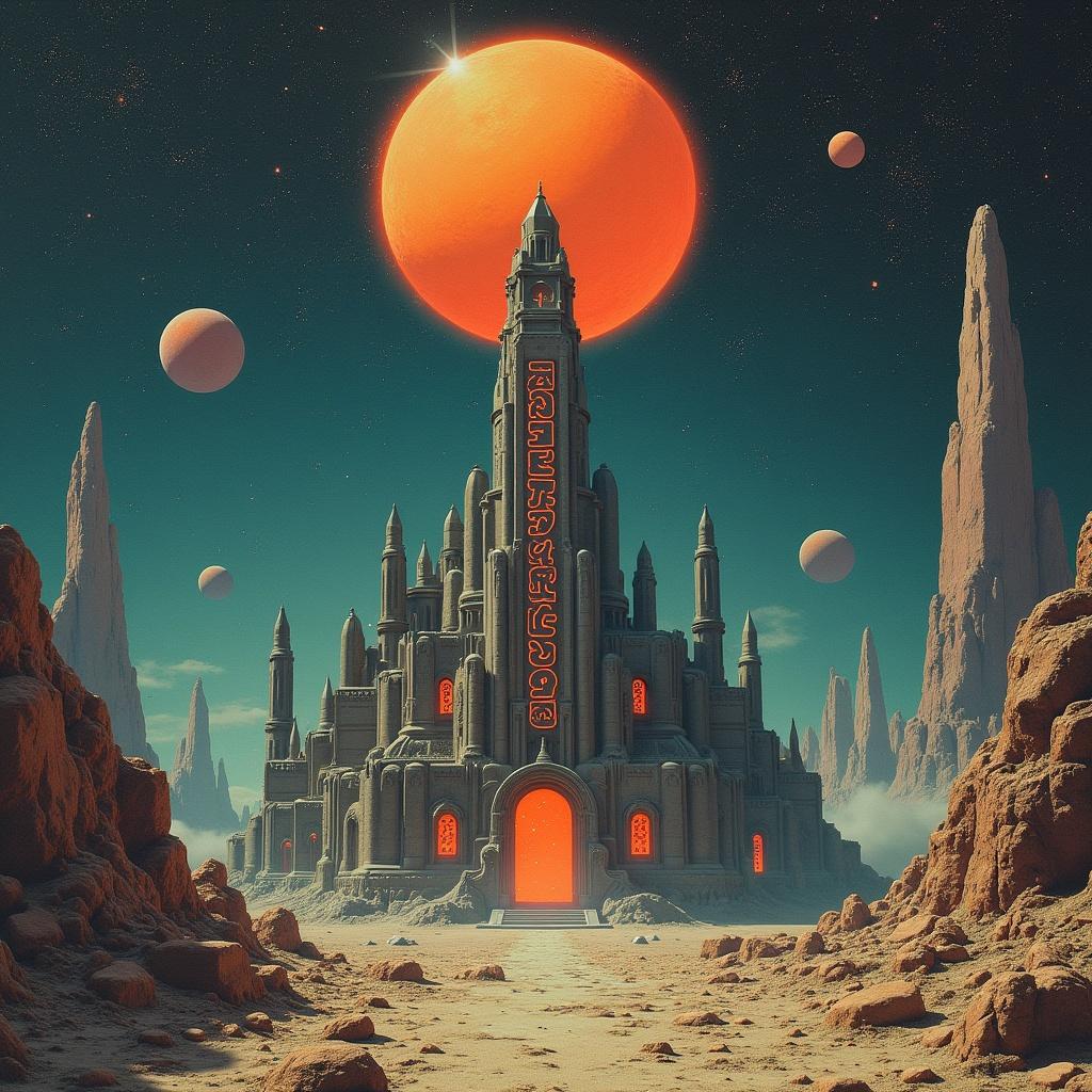 The image titled 'Electrospoon' presents a surreal space rock album cover. It showcases a mysterious cult-like place resembling a futuristic factory, dominated by a giant flying orb. Inside, there are runes carved into the building, enhancing the enigmatic feel. Below, the towering rocky formations are reminiscent of the Pillars of Creation as seen through the James Webb Space Telescope. The atmosphere is filled with wonder and trepidation, emphasizing themes of exploration and encounters with the unknown.