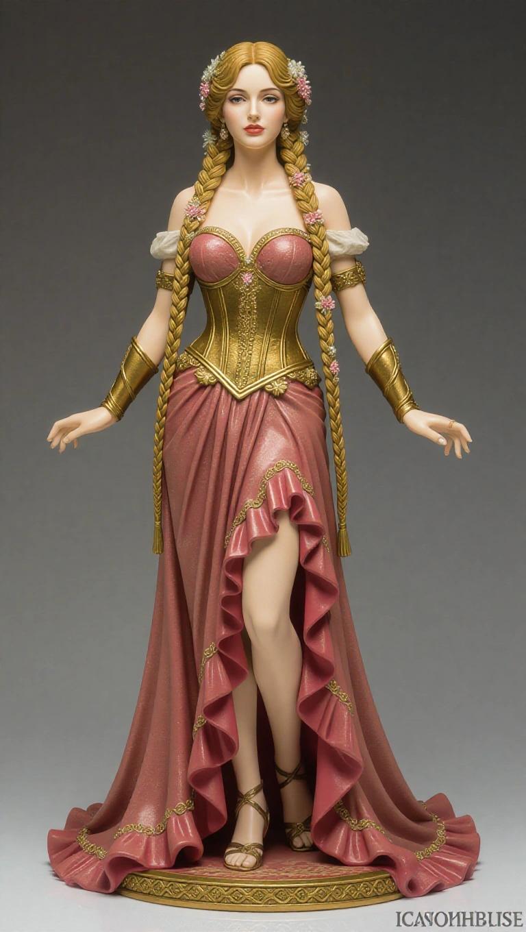 Resin statue of a goddess inspired by the sign of Virgo. A sensual and majestic woman with long braided golden hair. She stands in a queenly pose with back straight and chin raised. She wears a long dusty rose gown with ruffles and floral details. The corset has a gold metallic finish. Her expression conveys purity and inner strength. The base is adorned with flowers and marble.