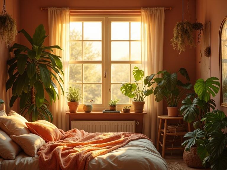 Boho style bedroom during golden hour. Plants populate the space. Warm golden light streaming through open window. Cozy bed covered with a soft blanket.