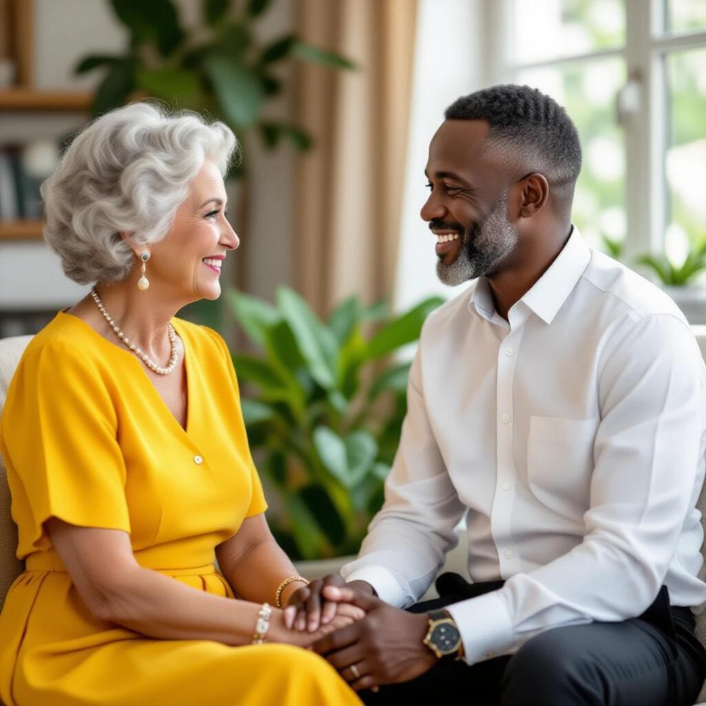 A side view of an elderly couple sitting together. The woman has grey hair and wears a bright yellow dress. The man has grey hair and wears a white dress shirt with black slacks. Both are facing each other and smiling. They are holding hands.