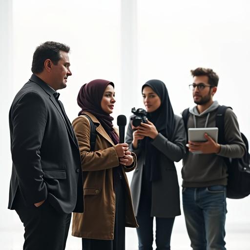 Four media figures stand together. One male broadcaster holds a microphone. A veiled Muslim woman beside him also holds a microphone. Behind them, a photographer holds a camera. Another journalist carries a bag and a laptop. They all look to the right with expressions of hope and optimism.